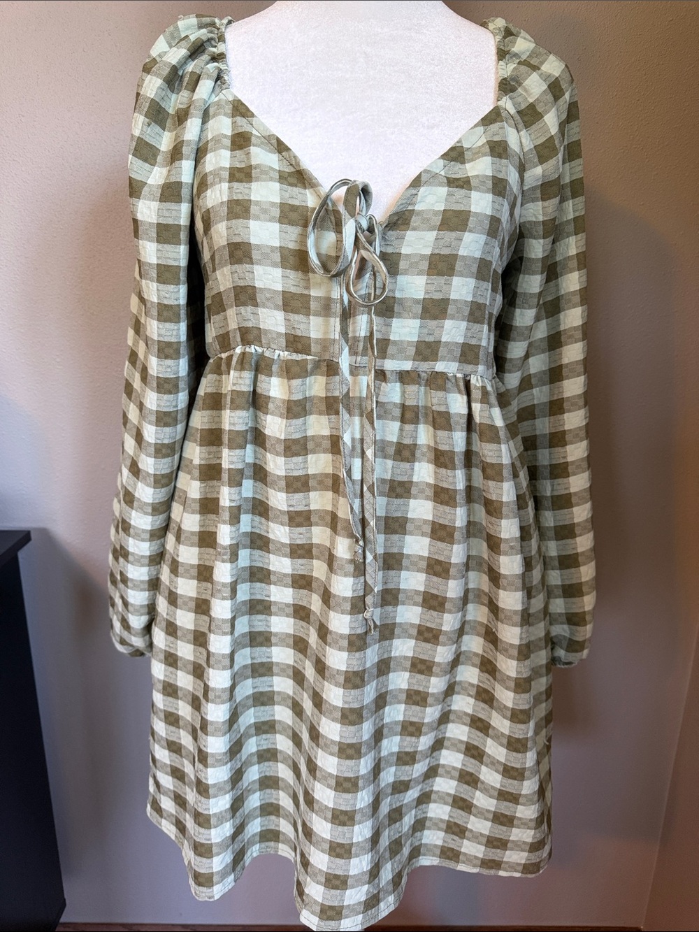 Wild Fable XS Olive & Cream Gingham Babydoll Mini Dress Puff Sleeve Cottagecore